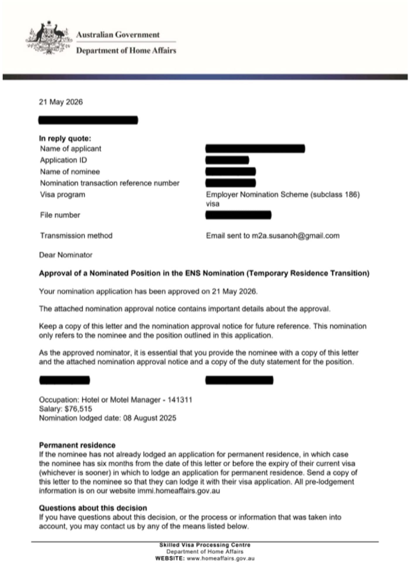 Subclass 186 grant notification