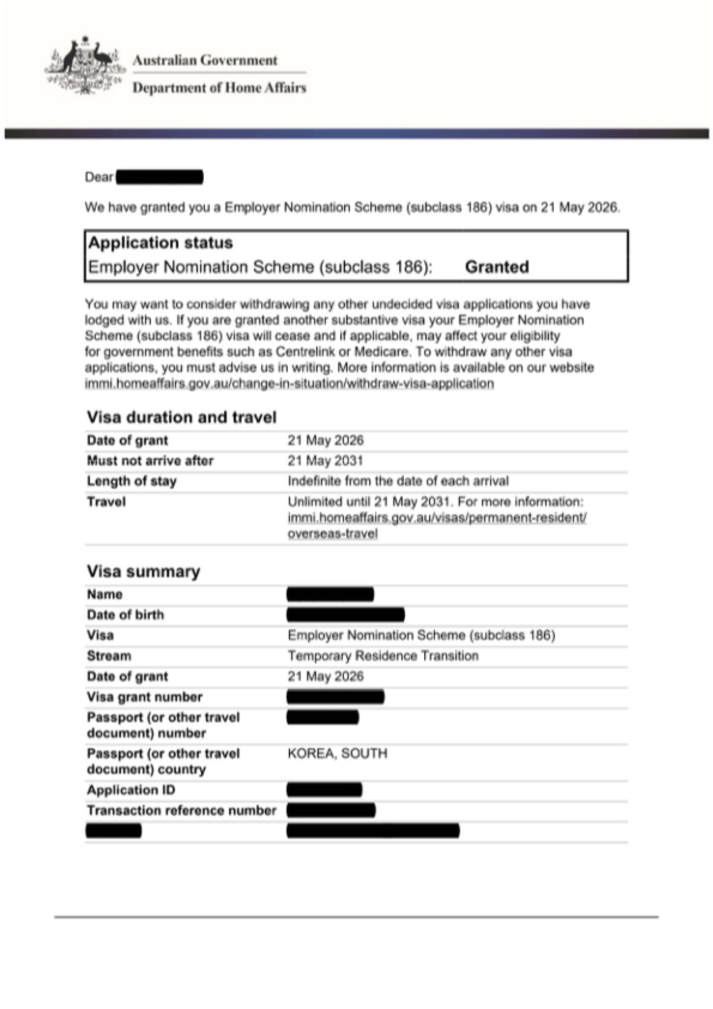 Subclass 186 grant notification