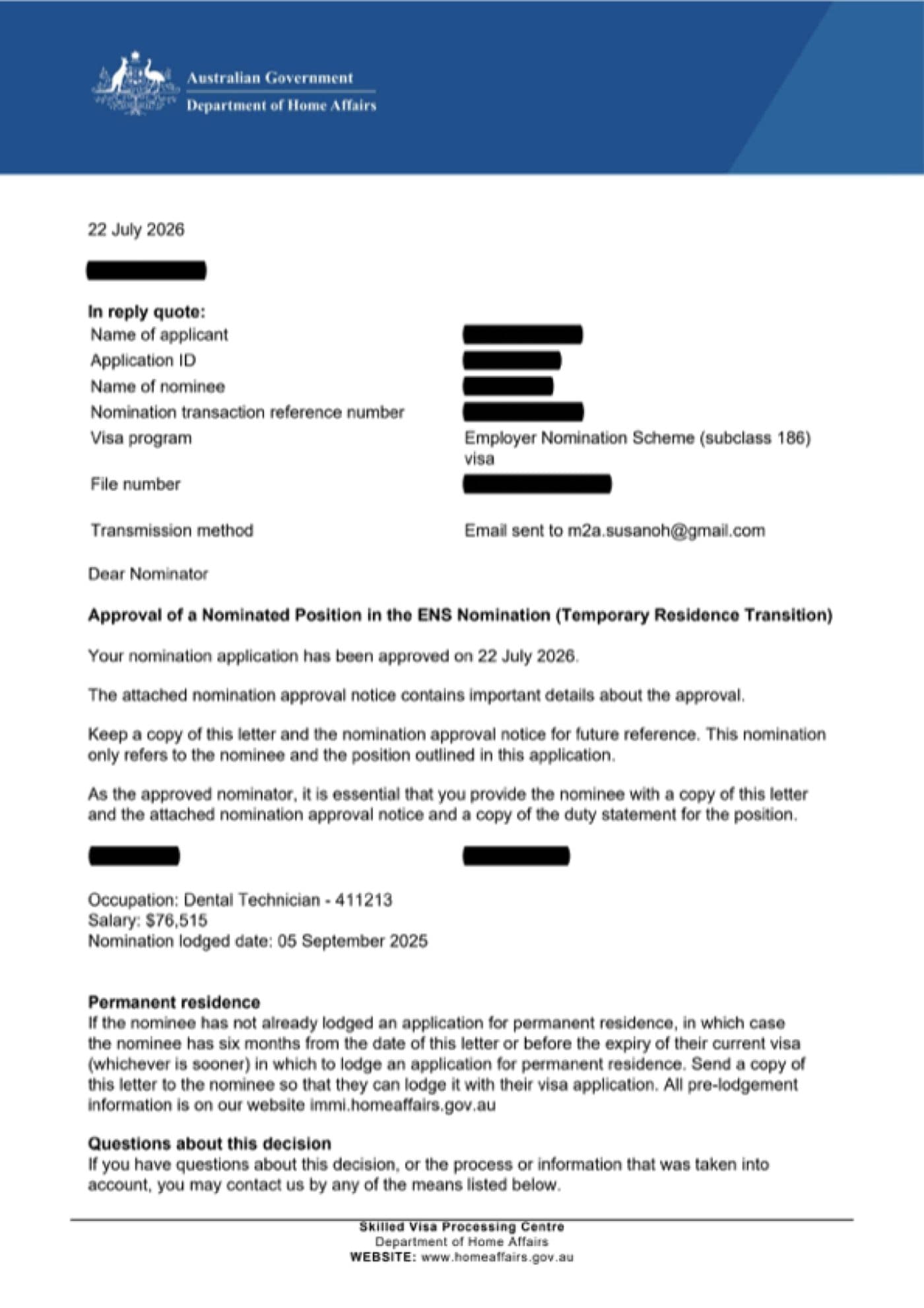 Subclass 186 grant notification