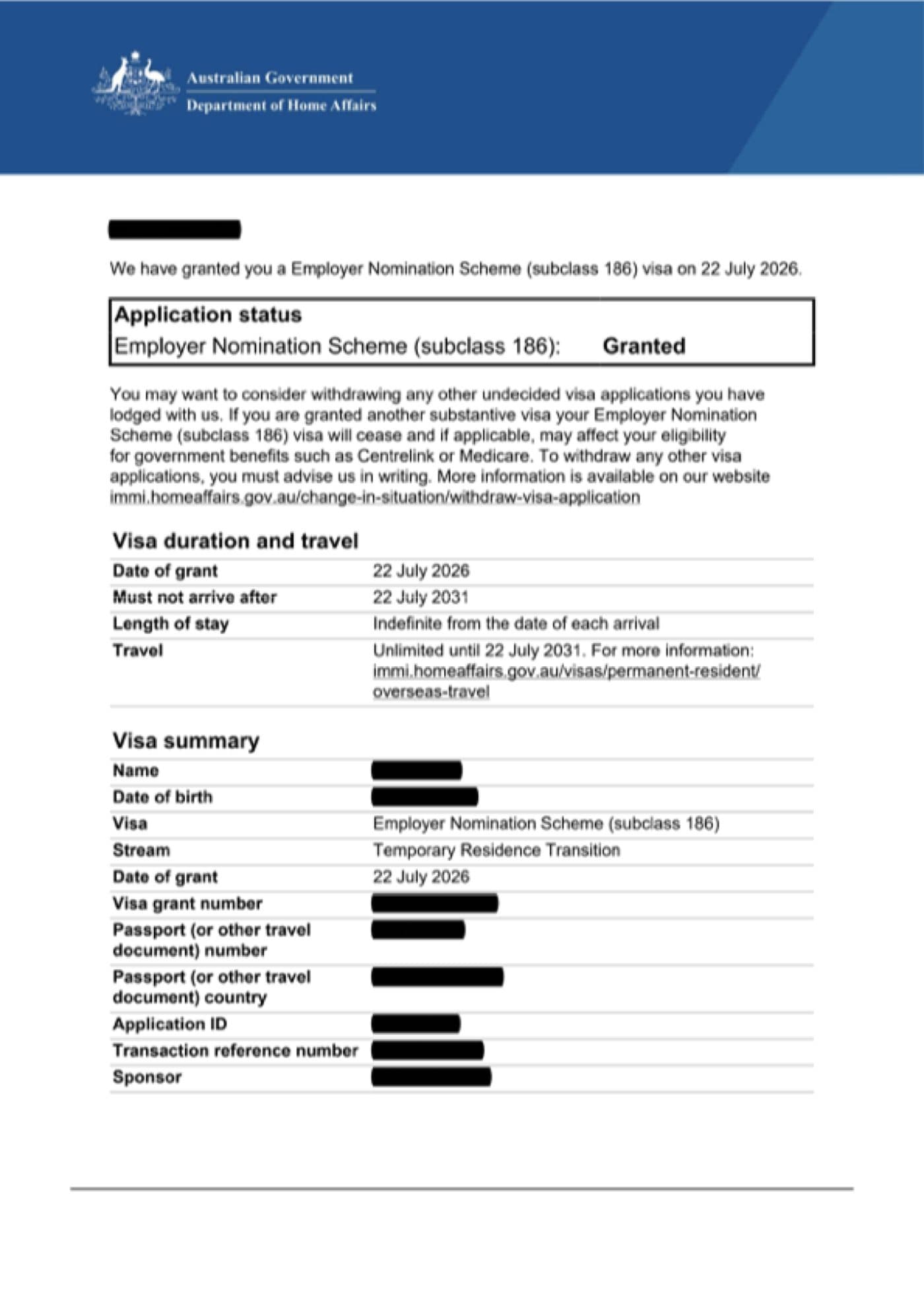 Subclass 186 grant notification