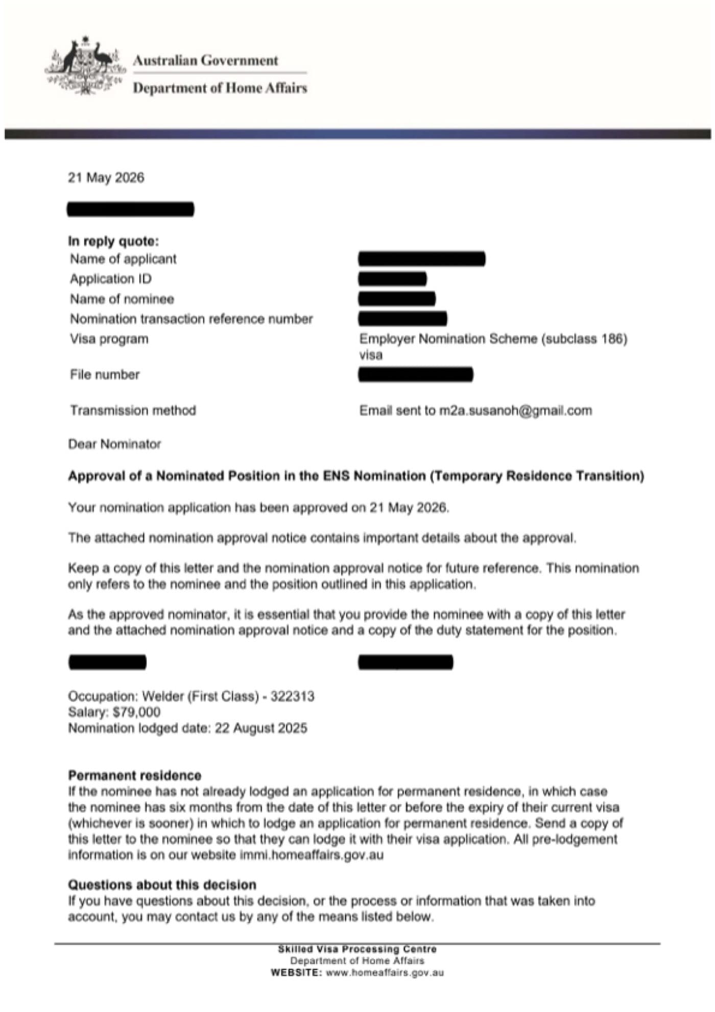 Subclass 186 grant notification