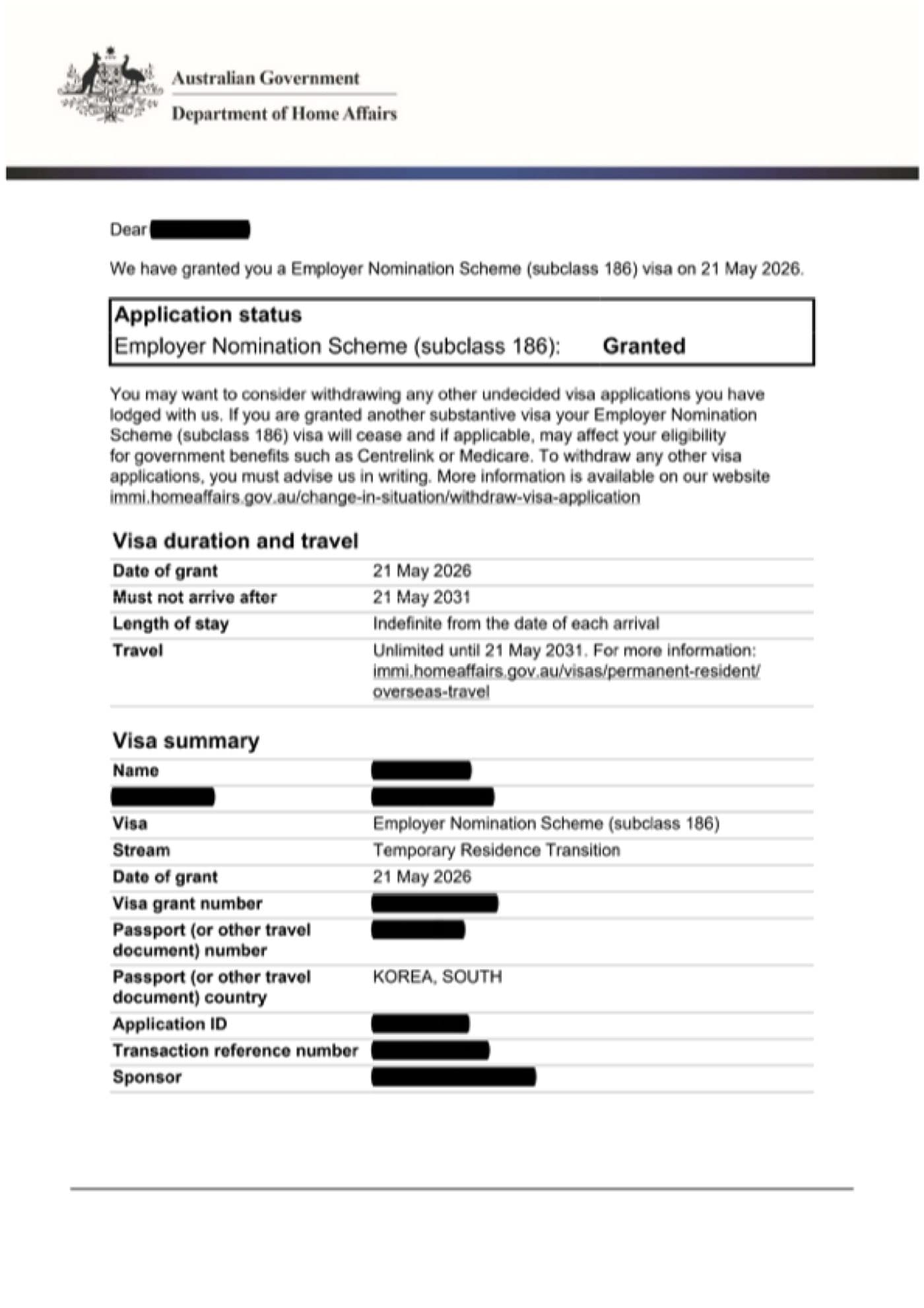 Subclass 186 grant notification