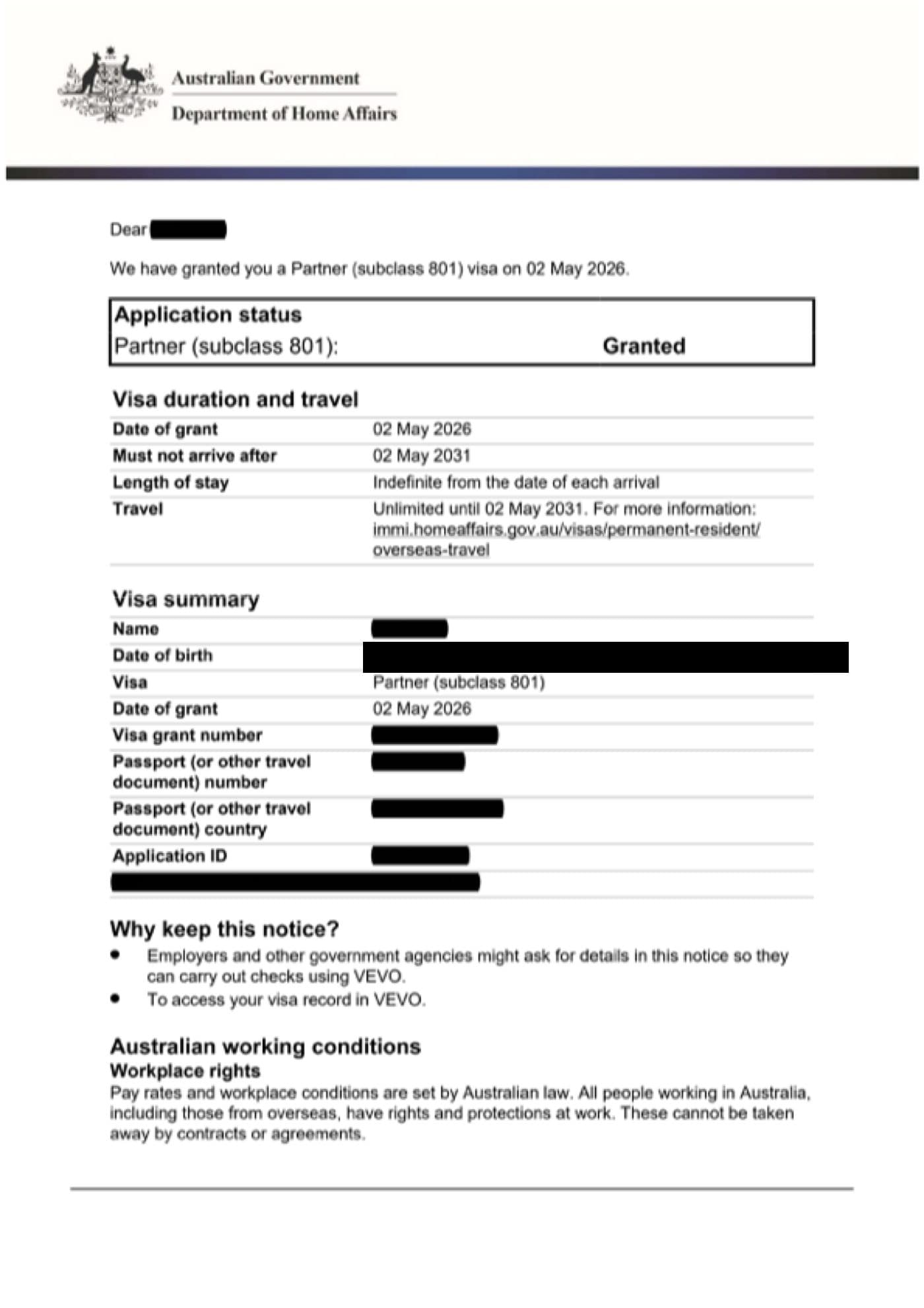 Subclass 801 grant notification