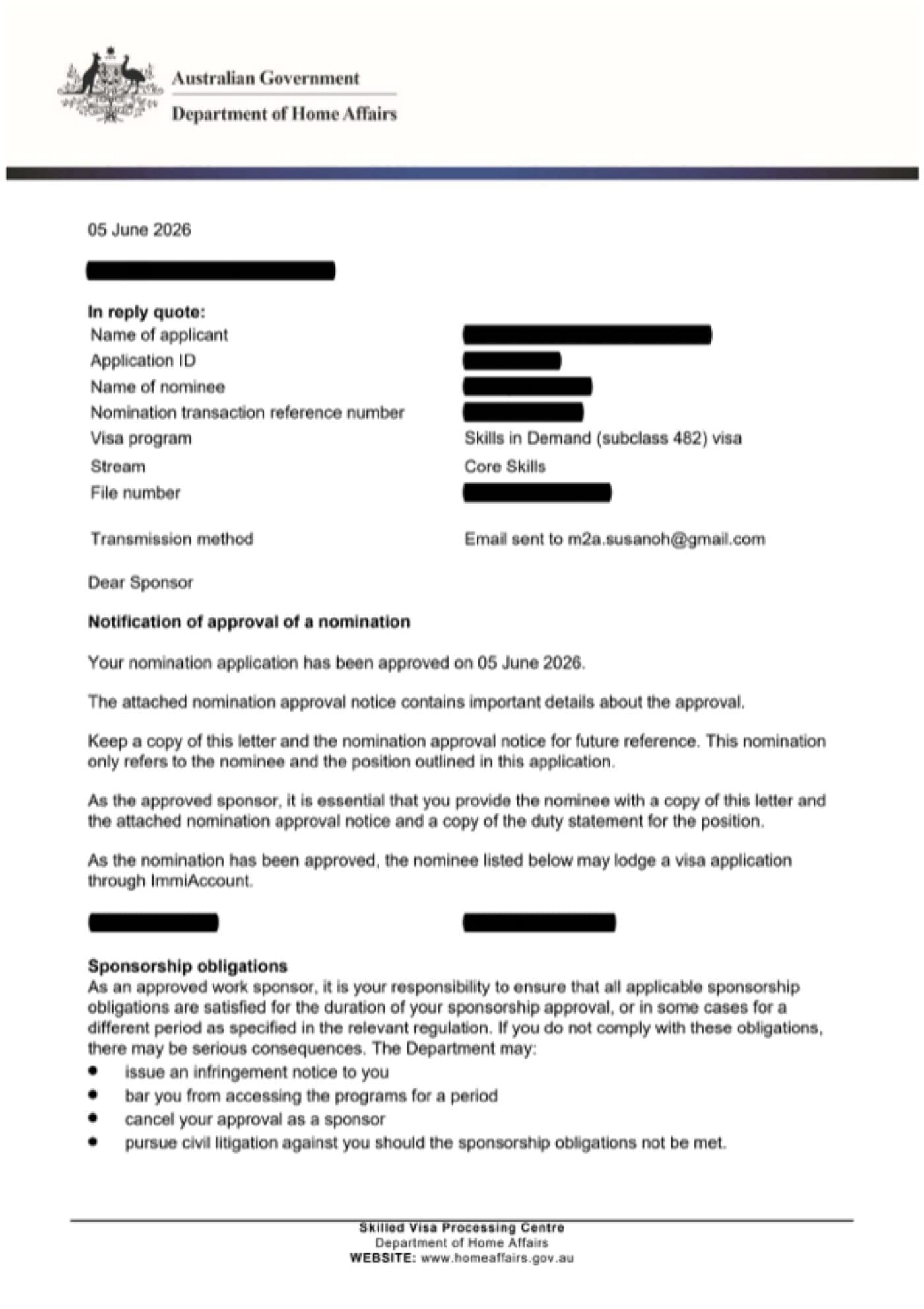 Subclass 482 grant notification