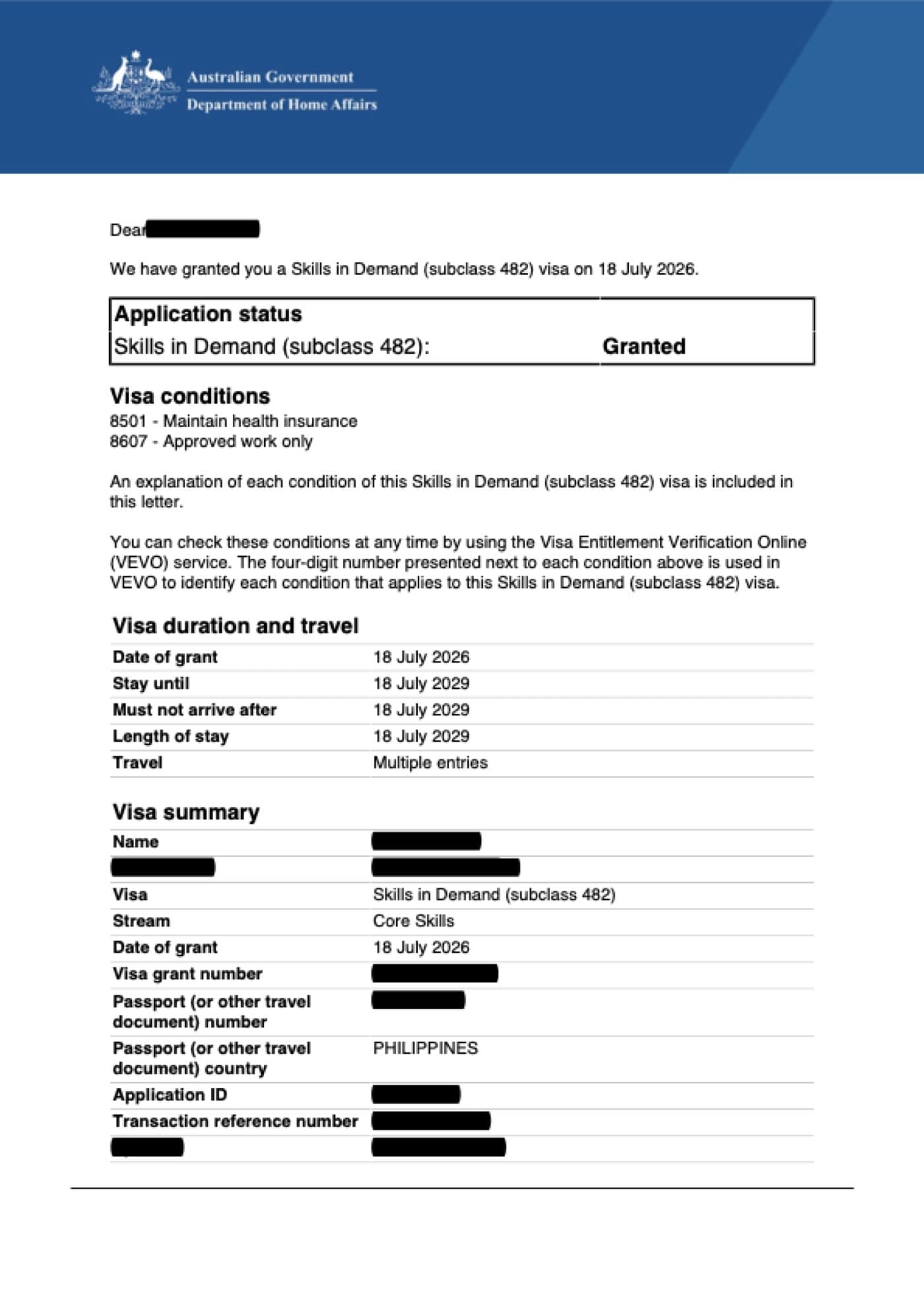 Subclass 482 grant notification