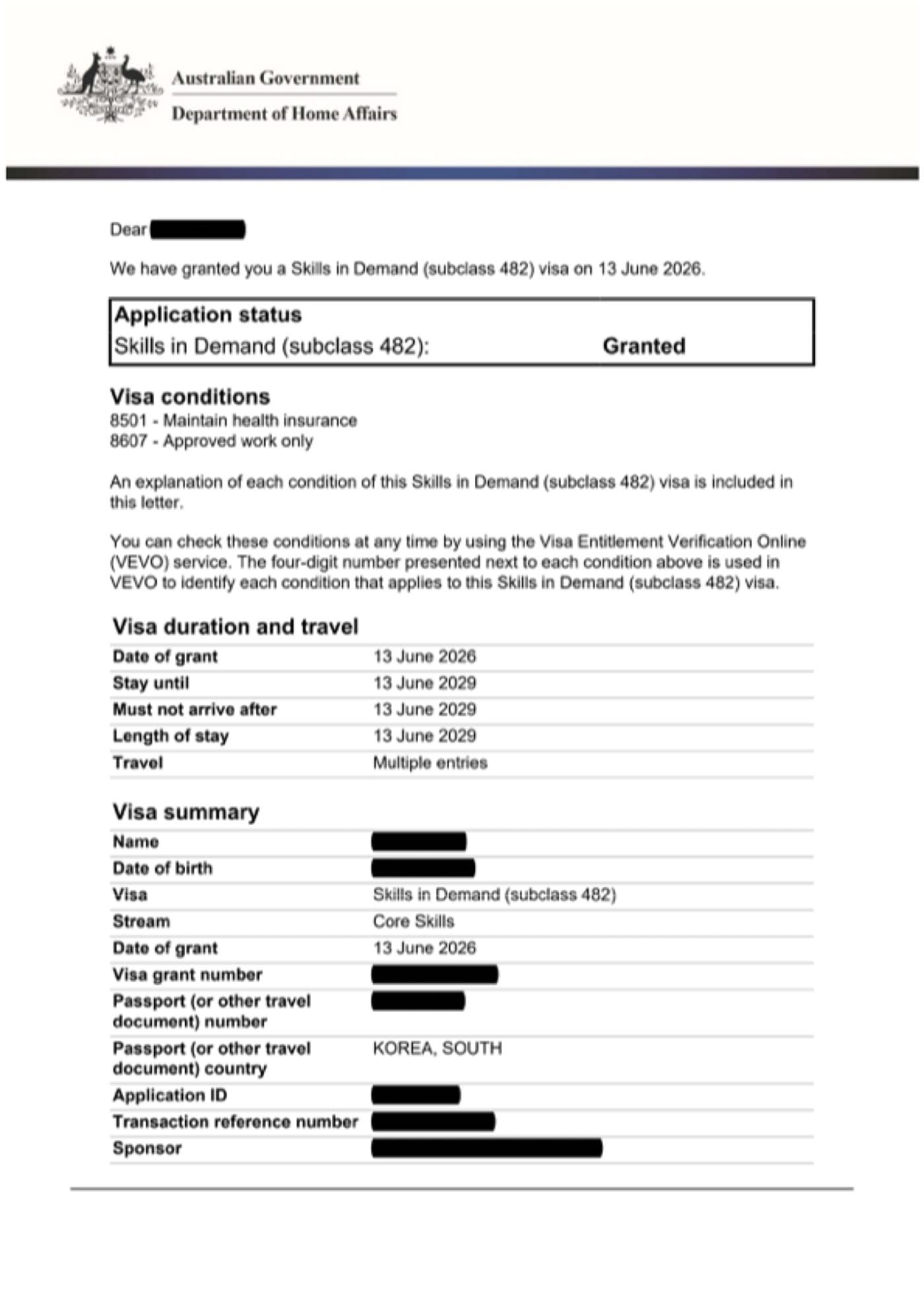 Subclass 482 grant notification