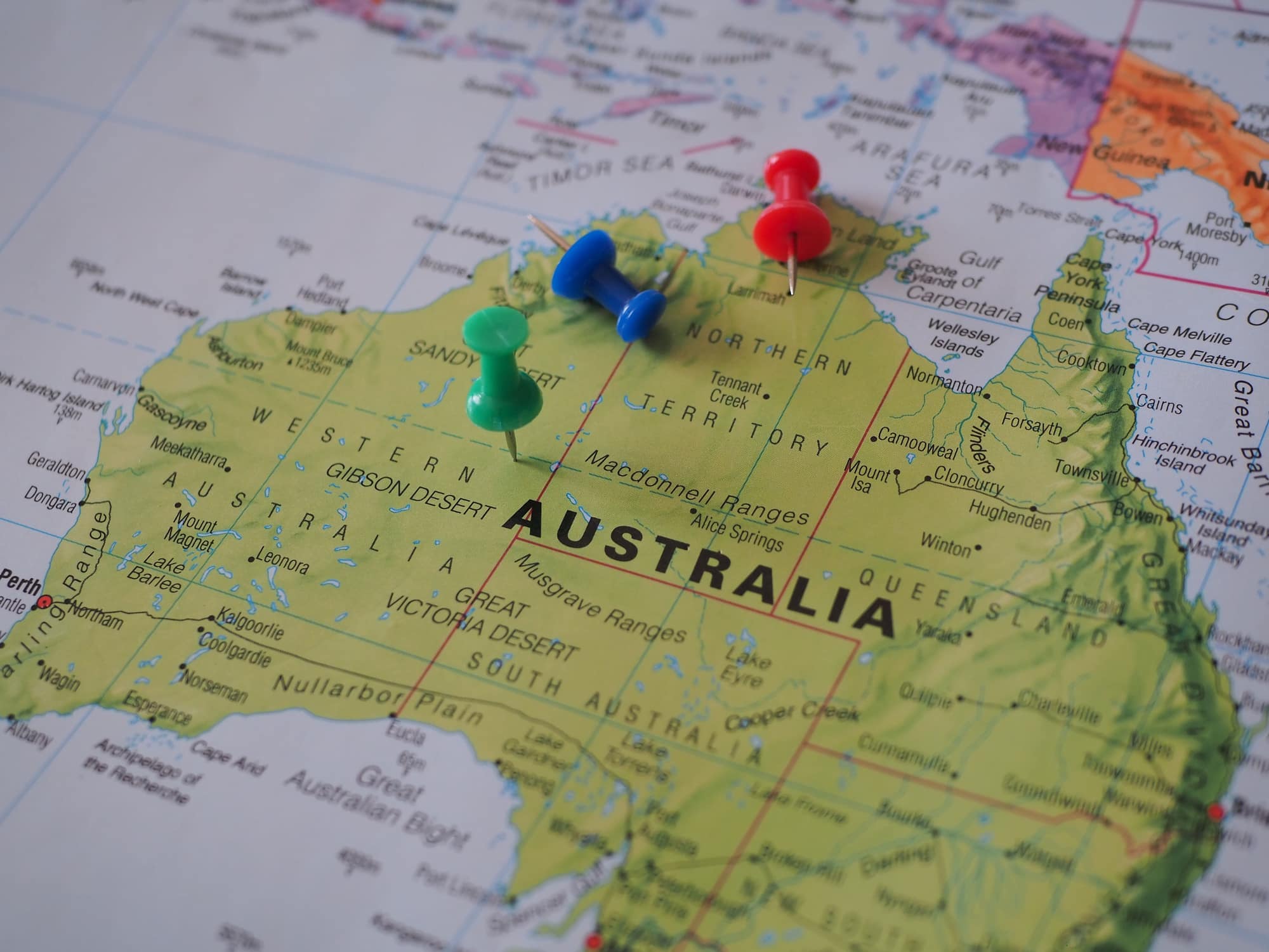 Pins placed on a map of Australia